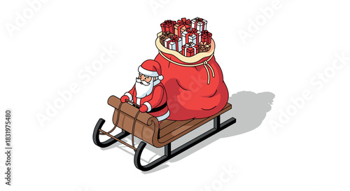 Santa riding sleigh with gifts in festive isometric design for holiday inspiration