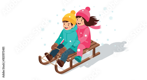 Joyful children sledding in winter clothes with snowflakes