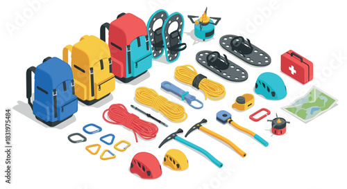 Isometric camping gear collection backpacks, helmets, and tools for outdoor adventures