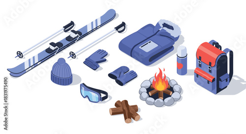 Winter adventure essentials skiing gear and campfire in isometric style