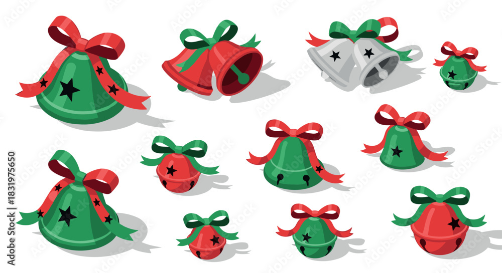 Naklejka premium Festive christmas bells with holiday ribbons in isometric style for seasonal decor