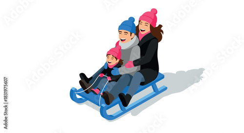 Family enjoying winter fun on a sled in cheerful isometric design