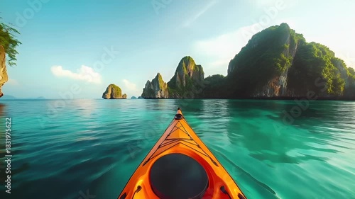 Aerial view of orange kayak on calm sea with turquoise water and rocky coastline during daytime.