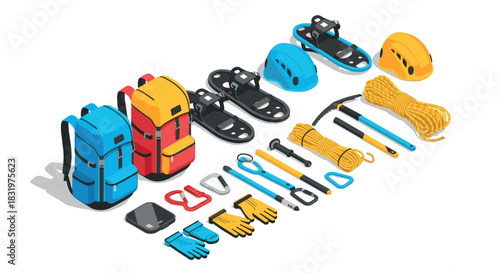 Isometric mountaineering gear set featuring backpacks, helmets, ropes, and climbing tools