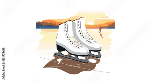 Winter sunset ice skating with white ice skate shoes on frozen lake