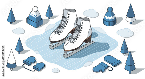 Winter sport equipment set with ice skates, hats, and mittens on ice rink in flat design