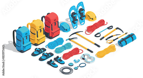 Essential equipment for outdoor adventures backpacking, climbing, and more in isometric view