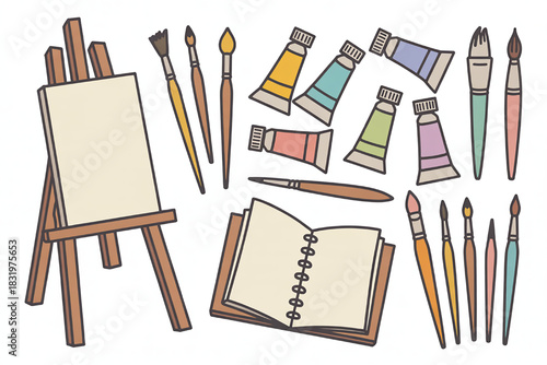 Art supplies illustration with easel paint tubes brushes and sketchbook flat vector design for creative projects isolated on white background