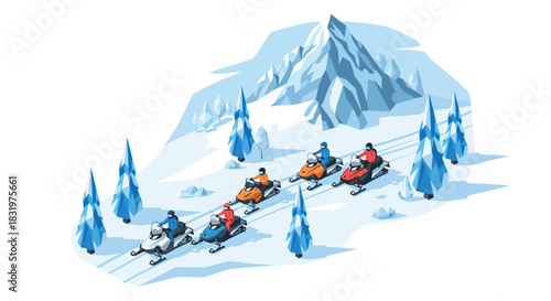 Snowmobiling adventure in winter landscape with pine trees and mountains