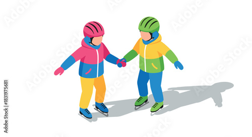 Colorful isometric kids ice skating scene in winter apparel