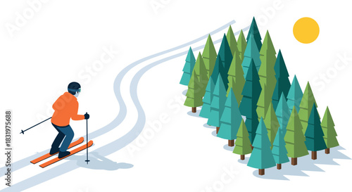 Winter sports adventure with skier on sunny day in pine tree forest scenery