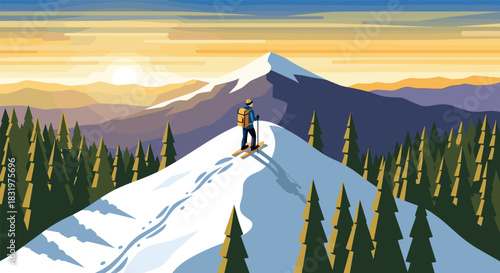 Sunset adventure minimalist skiing scene on snowy mountain peak with pine forest