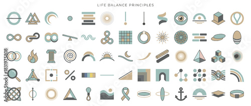 Balance and harmony icon set. featuring yin yang, eye, pyramid, infinity, anchor, cube, wave, sun, flame. Vector collection