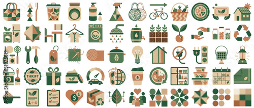 Eco-friendly lifestyle icons set. featuring recycling, gardening, solar, composting, cycling, reusable, thrift, and more. Vector collection