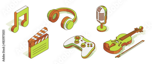 Entertainment icons set. including music note, headphones, microphone, clapperboard, game controller, violin. Vector collection