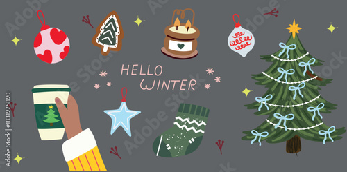 Cute winter girl carrying Christmas gifts, hand-drawn festive illustration perfect for holiday cards, posters, stickers, social media, print-on-demand, branding and seasonal design projects.