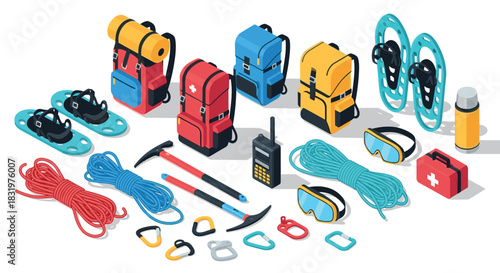Isometric hiking gear collection with backpacks and climbing accessories