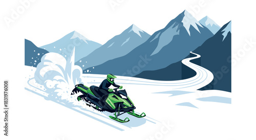 Snowmobiling adventure in blue mountains with trail