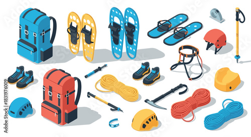 Isometric winter gear collection backpacks, snowshoes, helmets, climbing equipment illustrated
