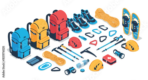 Essential hiking and climbing gear in isometric style for outdoor adventures