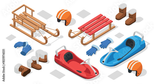 Isometric winter sports equipment sleds, bobsleds, helmets, gloves, boots