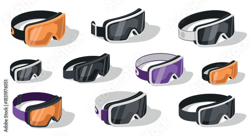 Collection of isometric ski and snowboard goggles in various colors and styles