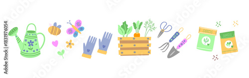 Vibrant Garden Elements Set — Watering Can, Tools, Gloves, Vegetables and Seed Packets for Nature Projects