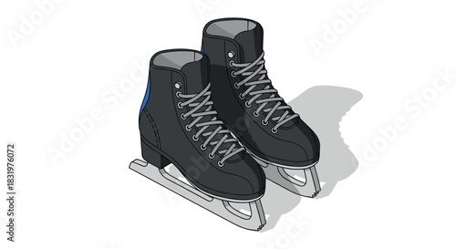Stylish black ice skates with shadow on white background