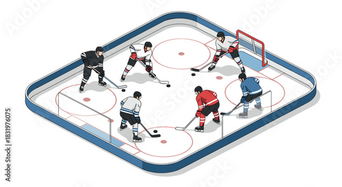 Isometric ice hockey rink with players in action