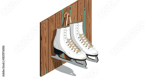 Hanging ice skates on wooden wall in isometric style