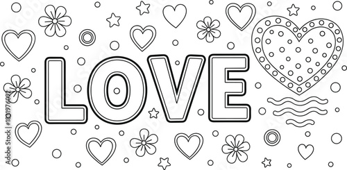 Outline illustration of the word LOVE with decorative hearts flowers stars and circles