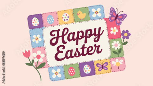 Charming easter greeting card with colorful patches and festive icons