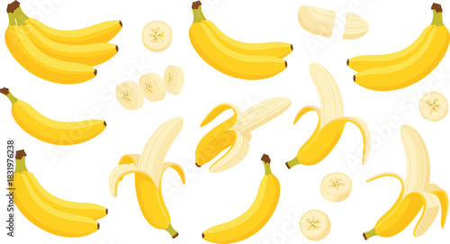 Cartoon Banana Assortment with Whole, Peeled and Sliced Bananas Colorful Flat Vector Illustration Set
