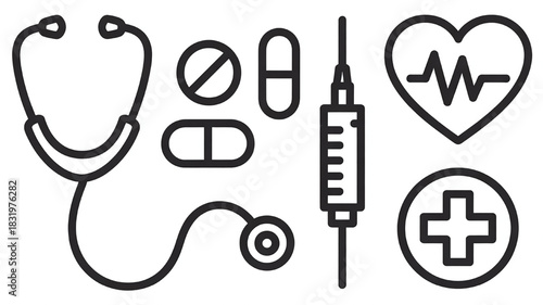 Medical icon set in minimalist style vector line art illustration of healthcare equipment isolated on white background