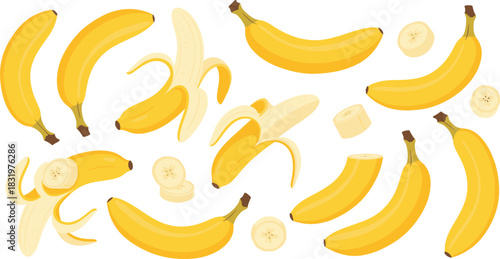 Cartoon Banana Assortment with Whole, Peeled, and Sliced Bananas Colorful Flat Vector Illustration Isolated on White