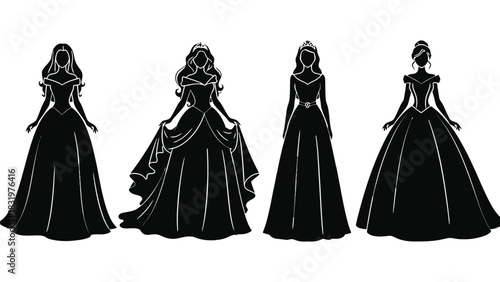 Princess silhouettes vector art elegant gowns and tiaras set