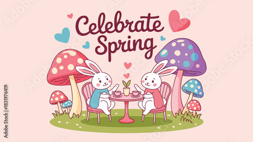 Adorable bunnies enjoying a spring tea party amidst whimsical mushrooms and hearts