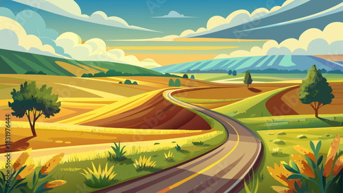 Low-angle view of a curving country road winding through open summer fields in South Dakota, capturing peaceful rural scenery, warm light, and a simple, uncluttered Midwestern landscape.