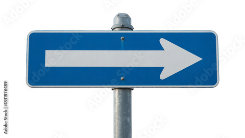 Follow the arrow on the blue one-way street sign, ensuring smooth traffic flow and clear direction of travel for drivers isolated on white background