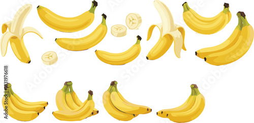 Cartoon Banana Collection with Whole, Peeled, Sliced and Bunch Bananas Colorful Flat Vector Set