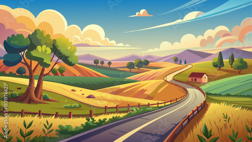 Low-angle view of a curving country road winding through open summer fields in South Dakota, capturing peaceful rural scenery, warm light, and a simple, uncluttered Midwestern landscape.