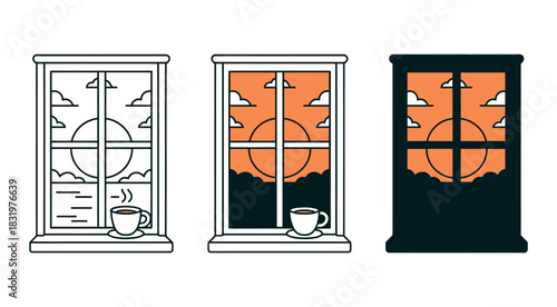 Three window illustrations showing different times of day with a cup on sill