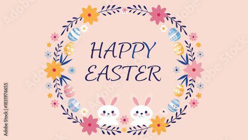 Cute illustration of two white bunnies with pink ears surrounded by a floral wreath with colorful easter eggs and the words happy easter in the center on a light pink background