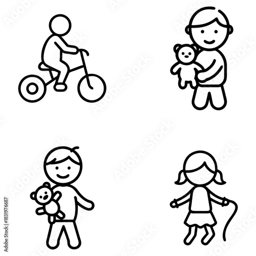 Outline icons depict children engaged in activities. One rides a tricycle, another holds a teddy bear