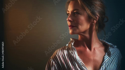Woman gazes wearing a striped shirt