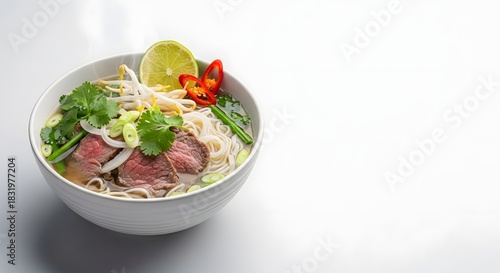 Delicious Vietnamese Pho Bo Beef Noodle Soup with Fresh Ingredients and Copy Space