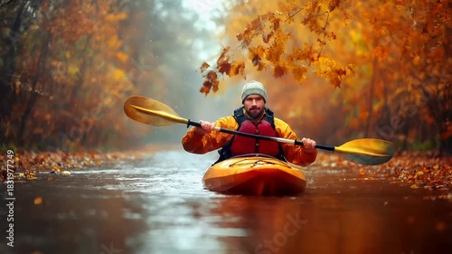 A man kayaking on a serene river amidst a forest during autumn. The scene is captured with a shallow depth of field, blurring the background and emphasizing the kayaker as the main subject.