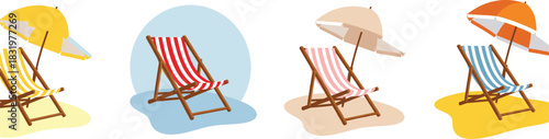 Cartoon Beach Deck Chairs with Umbrellas Summer Vacation Relaxation Set Colorful Flat Vector Illustration Isolated White Background