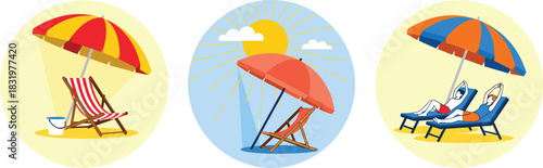 Cartoon Beach Umbrella and Lounge Chair Scenes with Sun Summer Vacation Holiday Flat Vector Illustration Set