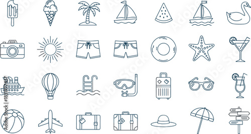 Summer vacation and travel icons set in outline style Keywords: summer, vacation, travel, icons, set, outline, ice cream, popsicle